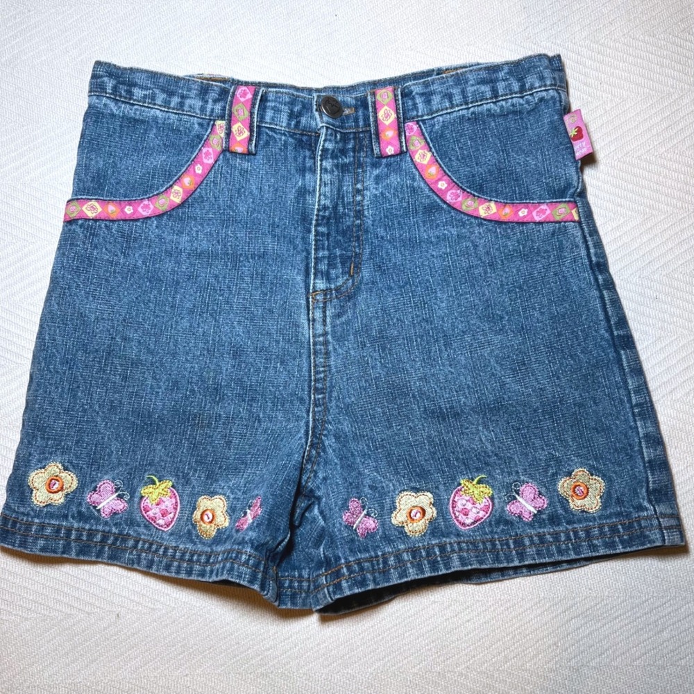 Vintage Strawberry Shortcake Girls Denim Embroidered Shorts Pink Trim Size 6‎